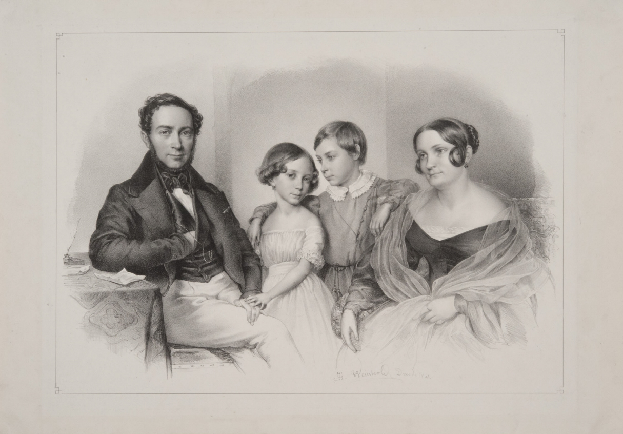 KI generiert: Das Bild zeigt eine viktorianische Familienporträtzeichnung mit einem Mann, zwei Kindern und einer Frau, die zusammen posieren. Die Szene wirkt harmonisch und die Personen sind elegant gekleidet.