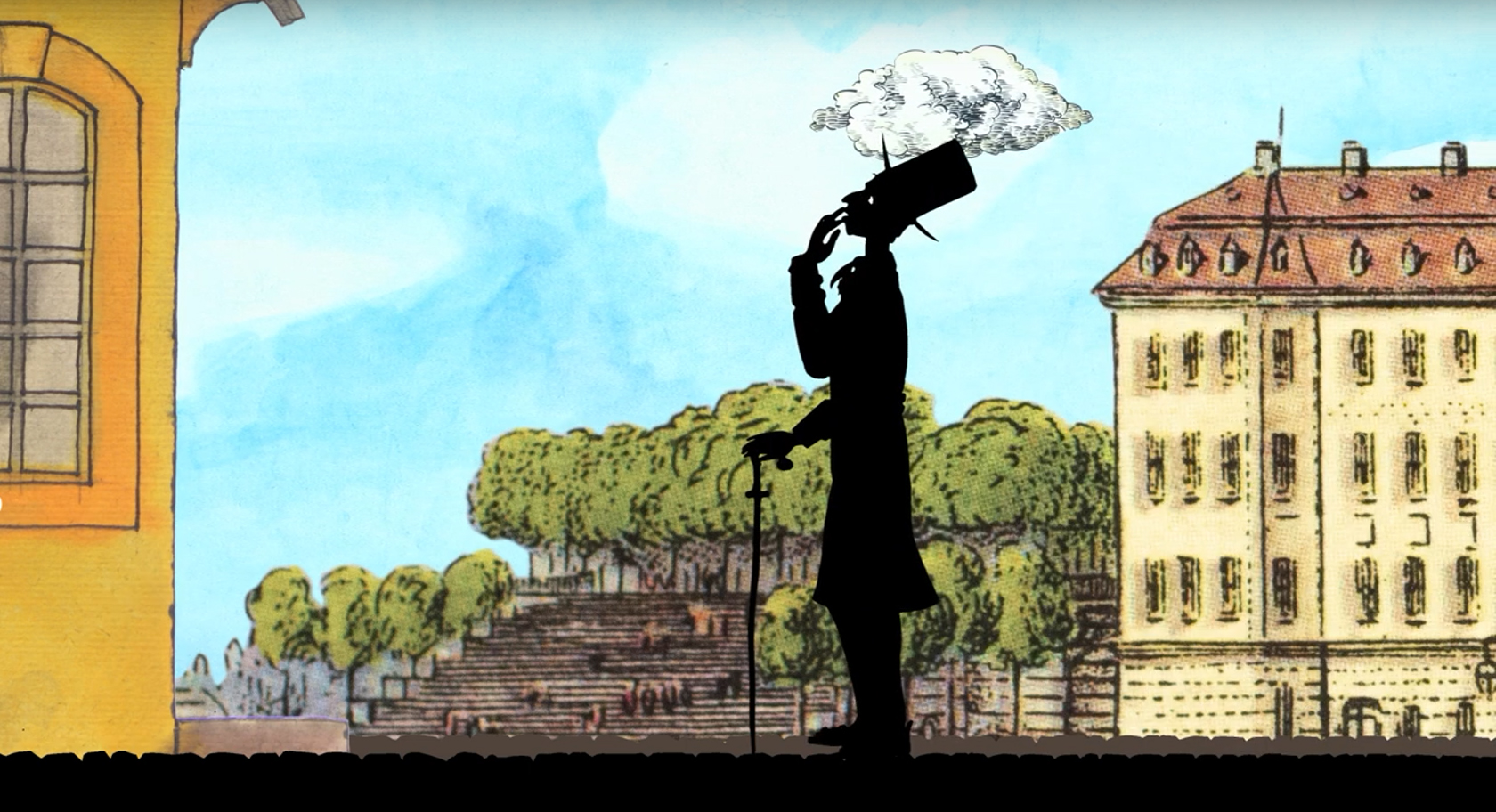 KI generiert: Das Bild zeigt eine Silhouette einer Person in einem Zylinder, aus dem Rauch aufsteigt, vor einem Hintergrund mit Gebäuden und Bäumen. Der Stil ist künstlerisch und erinnert an eine Mischung aus Scherenschnitt und Zeichnung.