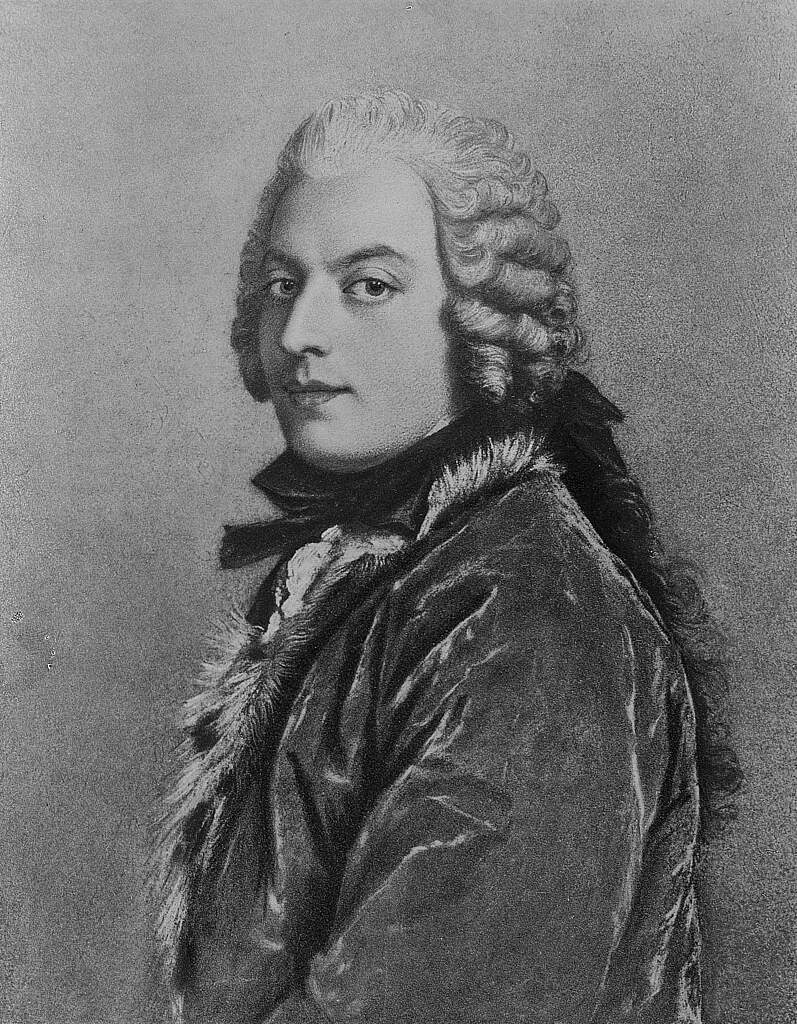 KI generiert: Das Bild zeigt ein Porträt eines Mannes aus dem 18. Jahrhundert, der in eleganter Kleidung mit hochgesteckter gepuderter Perücke dargestellt ist. Sein Blick ist seitlich gerichtet, während er einen Pelzkragen trägt.