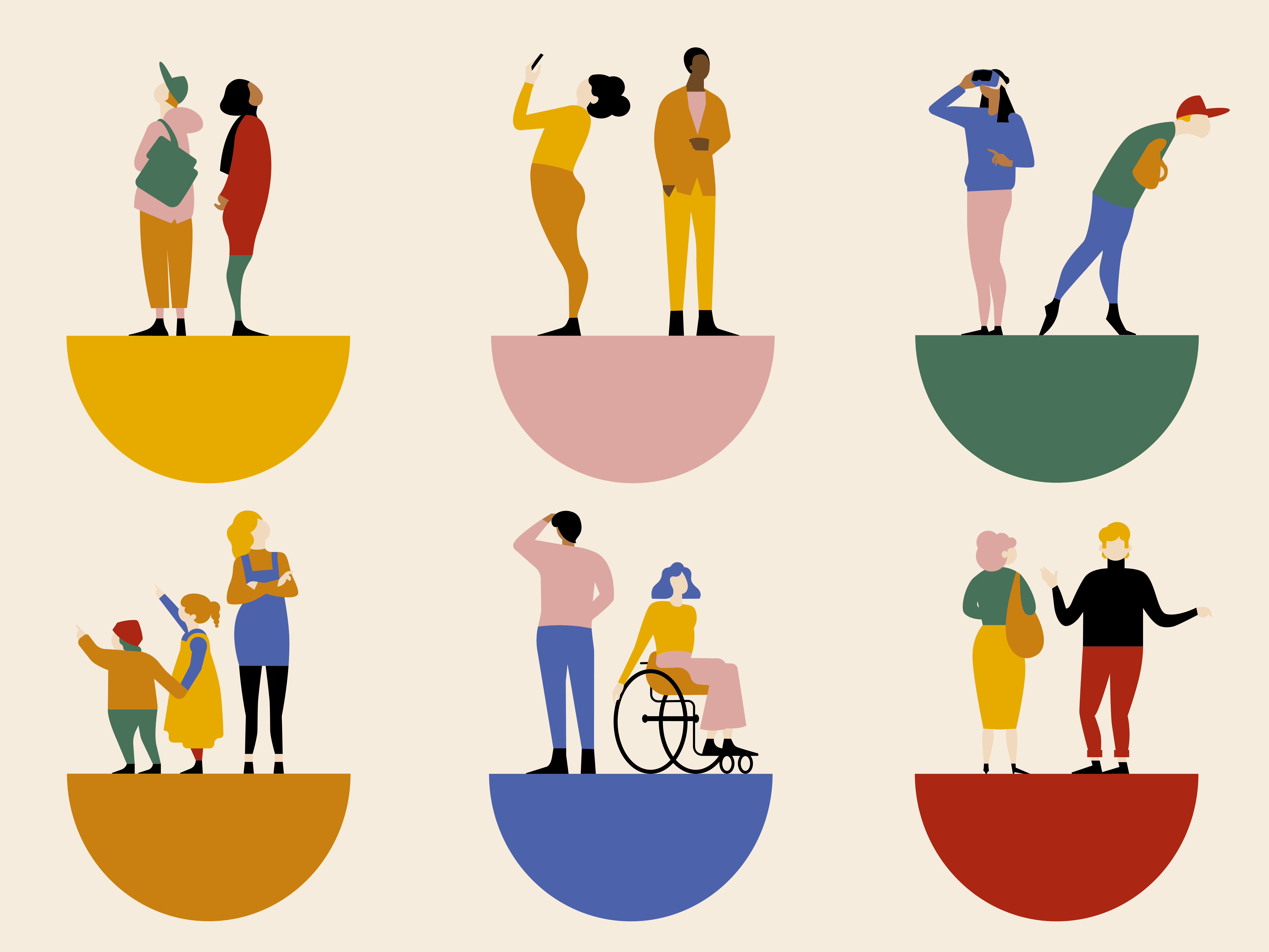 AI generated: The image shows six groups of coloured silhouettes of people standing on semi-circular platforms. Each group is in an individual pose or interaction and represents different social scenarios.